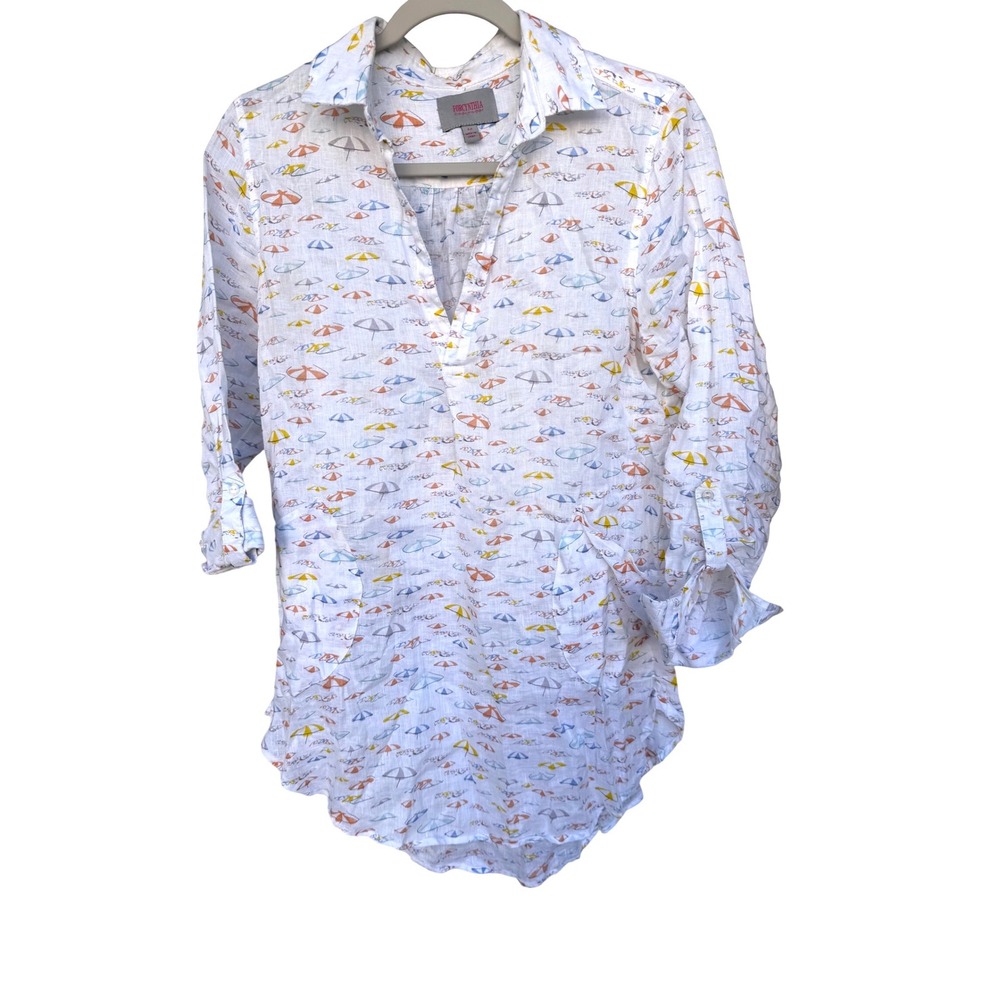 Forcynthia Beachwear White 100% Linen Beach Umbrella Print cover-up Top M